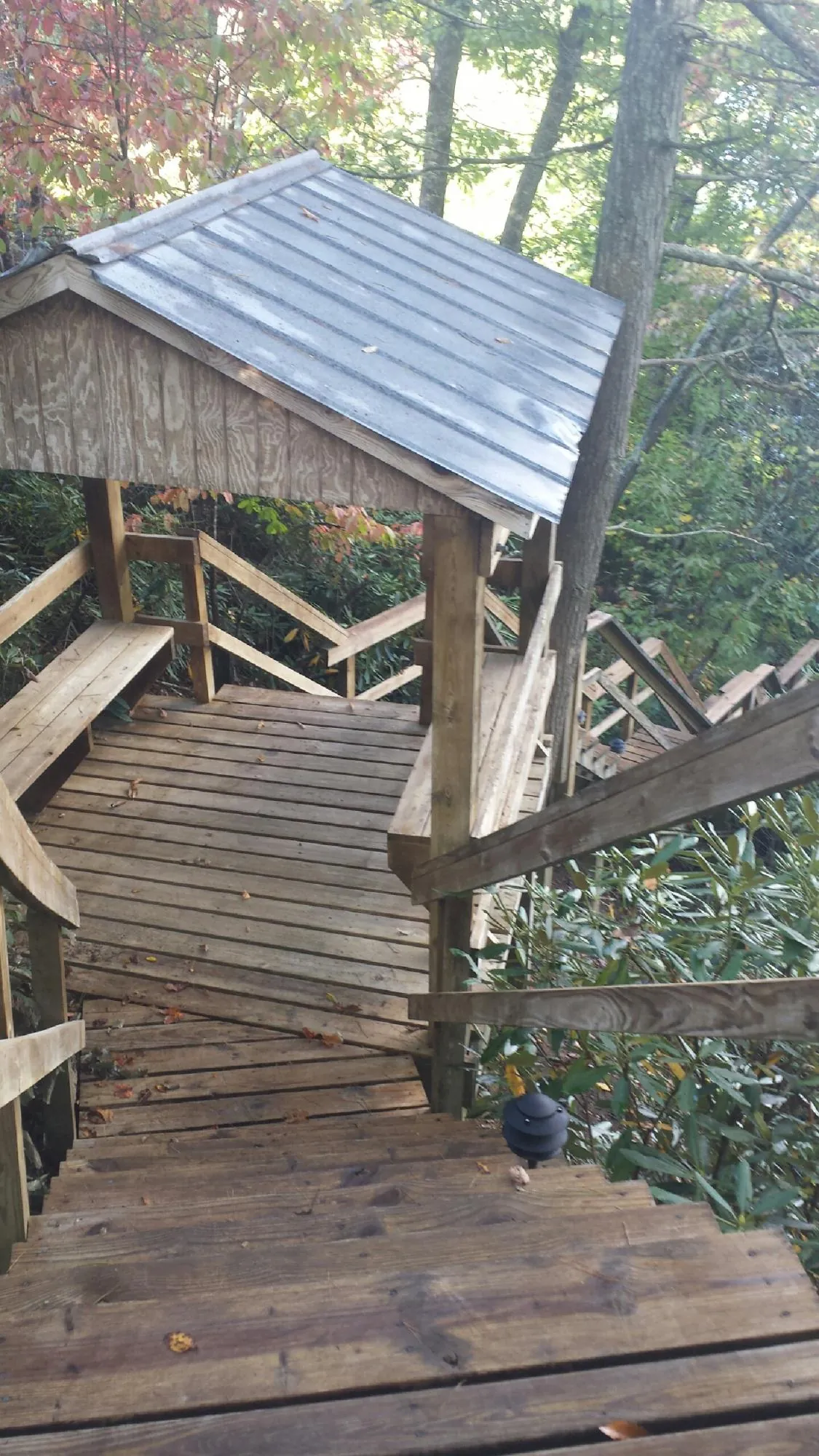 Metal roofed shelter over wooden steps on a wooded walkway — Skylight Repair & Installation work by our crew in Ulm
